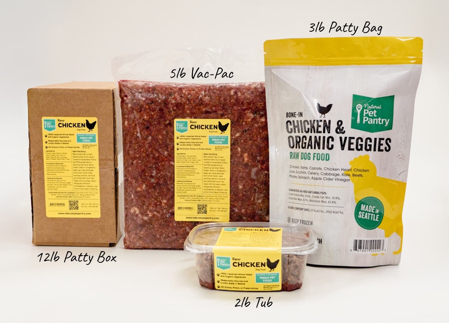 Natural Pet Pantry Raw Chicken Dog Food shown as a box, frozen ground meat, tub, and bone-in chicken & organic veggies bag