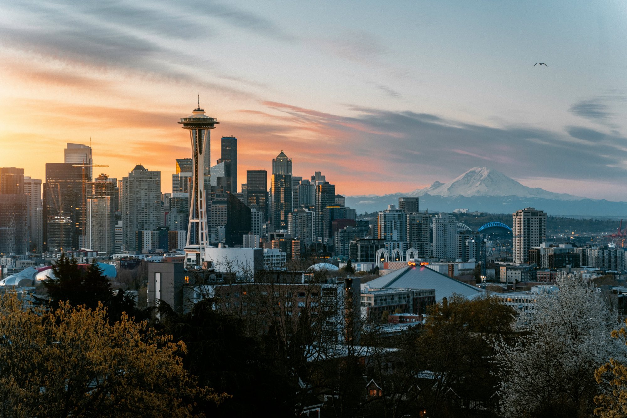 Seattle skyline at sunset with Space Needle and Mount Rainier